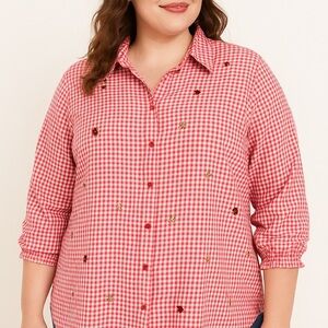 Mountain Lake Red Gingham Shirt 3X Ladybug Floral Embroidery